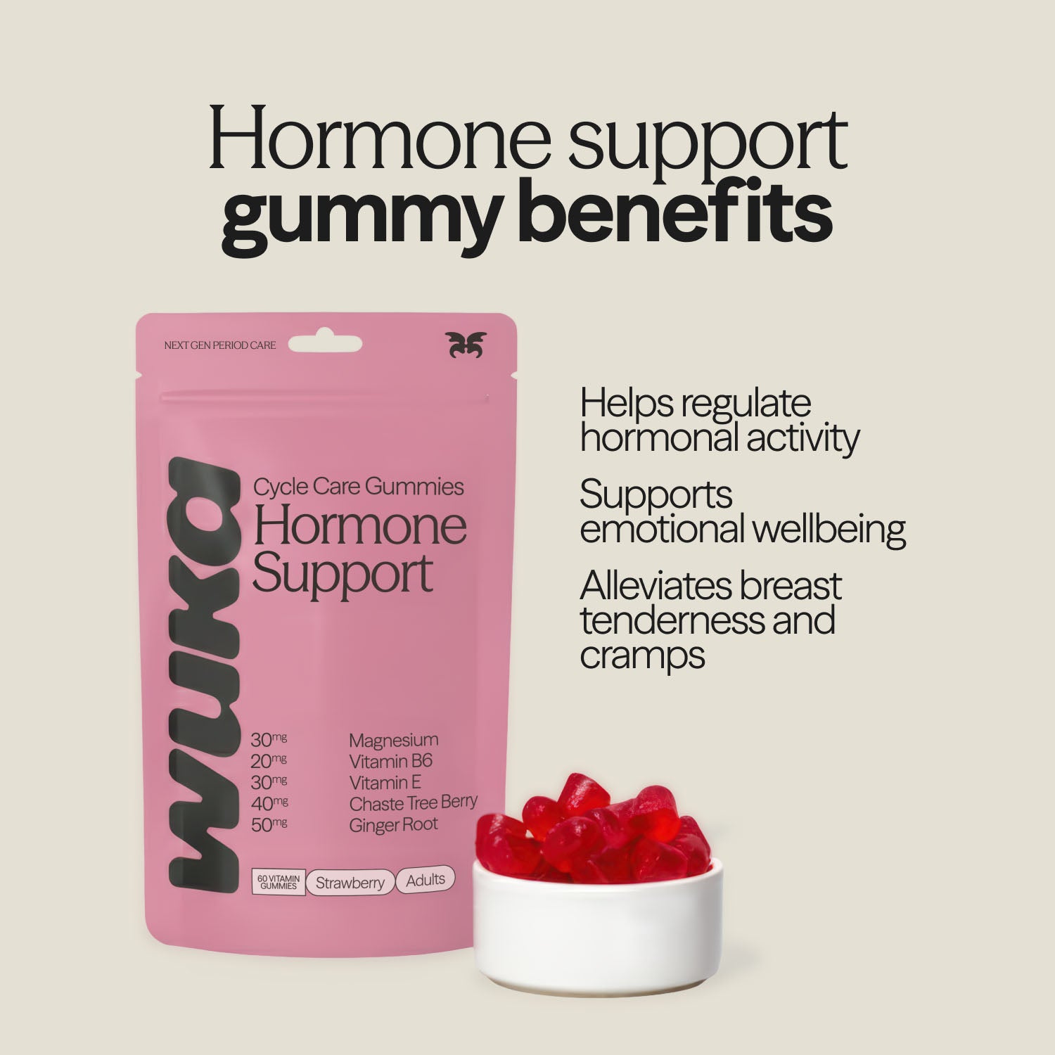 Hormone support gummy benefits include regulated hormonal activity, reduced cramps, and emotional balance.