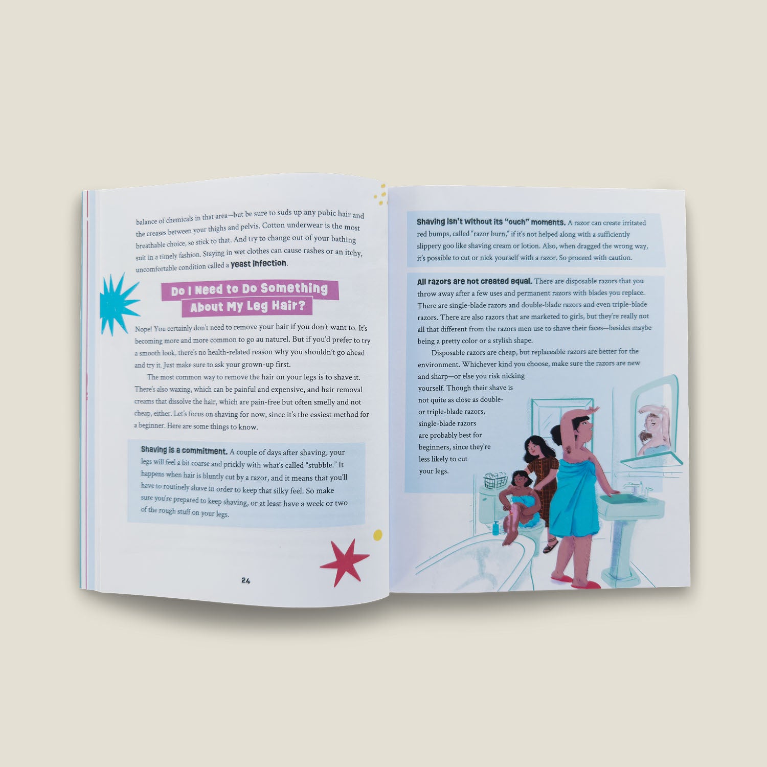 Inside spread from "Growing Up Powerful" discussing leg hair and shaving, including tips on razor types, skin care, and body autonomy.