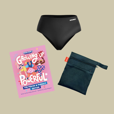 WUKA First Period Starter Kits include reusable period pants, educational books, and storage bags—everything teens need for a confident, eco-friendly start to menstruation. Ideal for first-time periods and sustainable cycle care.