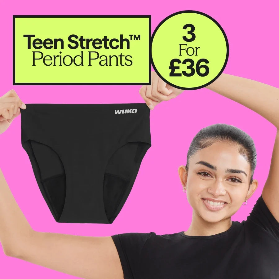 A smiling teen holds up a pair of black WUKA Teen Stretch period pants against a bright pink background, with promotional text reading 'Teen Stretch Period Pants' and '3 For £36'. The underwear has a small white WUKA logo on the front.