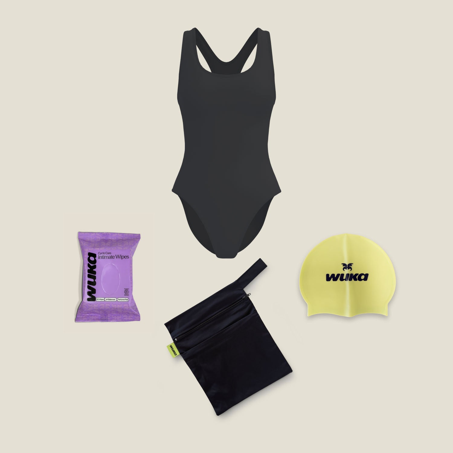 Teen black racerback period swimsuit starter kit with leak-proof swimwear, reusable wet bag, swim cap and wipes by WUKA