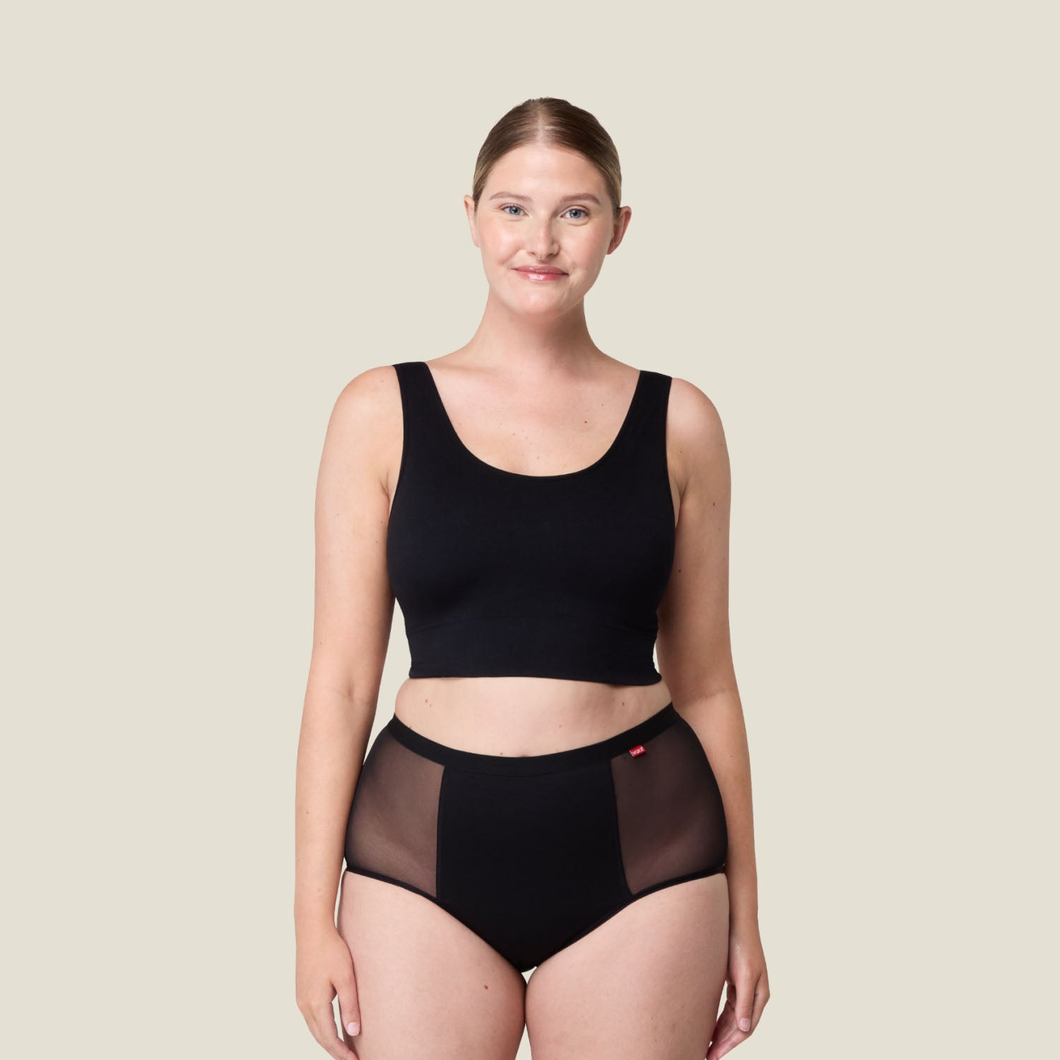 WUKA Ultimate™ High Waist Period Pants for Heavy Flow – full-length front view on model, showcasing high waist fit and mesh side panels.