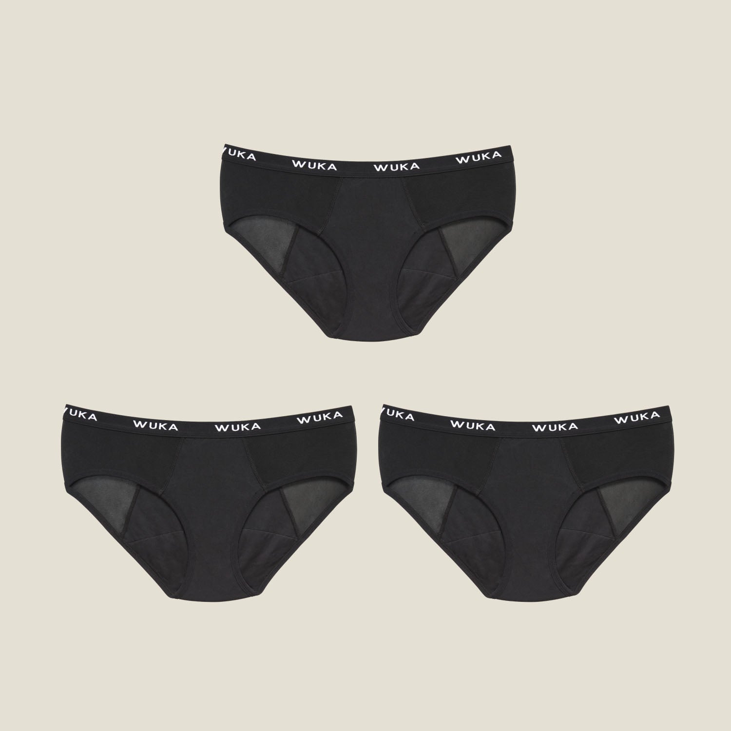Flat lay of three WUKA Ultimate™ Midi Briefs for heavy flow, shown in black, highlighting the breathable mesh side panels and absorbent gusset.
