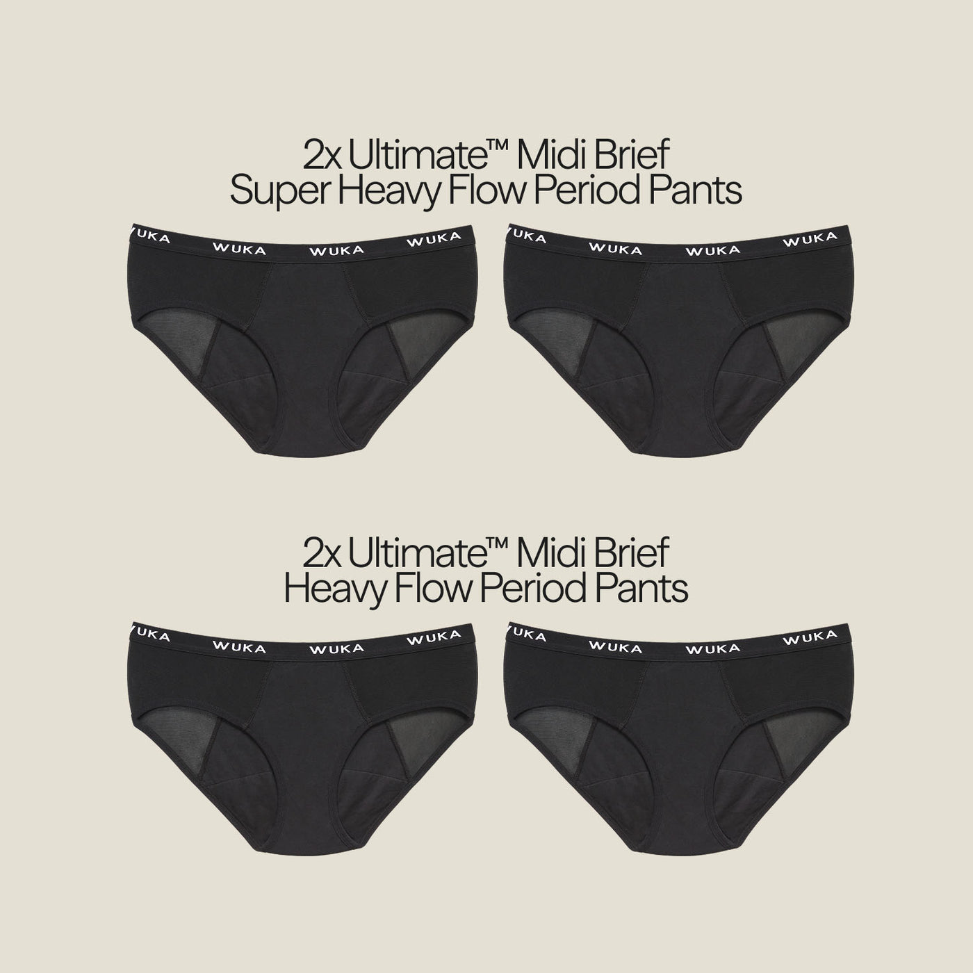 Flat lay of WUKA Ultimate™ Midi Brief Period Pants set for postpartum, featuring two pairs each for super heavy and heavy flow protection.