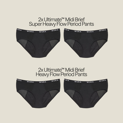 Flat lay of WUKA Ultimate™ Midi Brief Period Pants set for postpartum, featuring two pairs each for super heavy and heavy flow protection.
