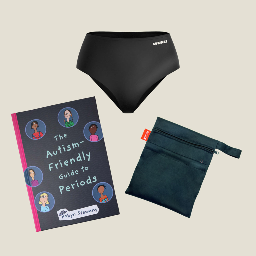 Teen Super Heavy Flow First Period Pack – WUKA Stretch™ High Waist Period Pants with 'The Autism-Friendly Guide to Periods' and wet bag for neurodiverse teens.