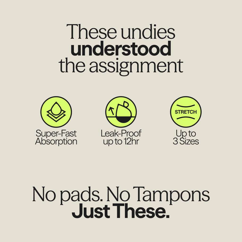 Product features of WUKA Stretch™ Period Pants – Fast absorption, 12-hour leak-proof protection, and 4-size stretch technology. No pads. No tampons. Just these.