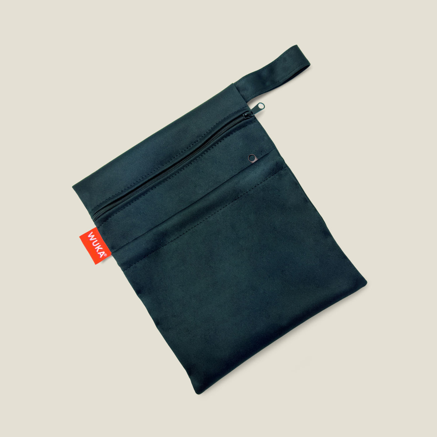 WUKA Two Pocket Changing Bag in black, laid flat with both zip compartments visible and red WUKA label on the side, designed for discreet and odour-protective storage.
