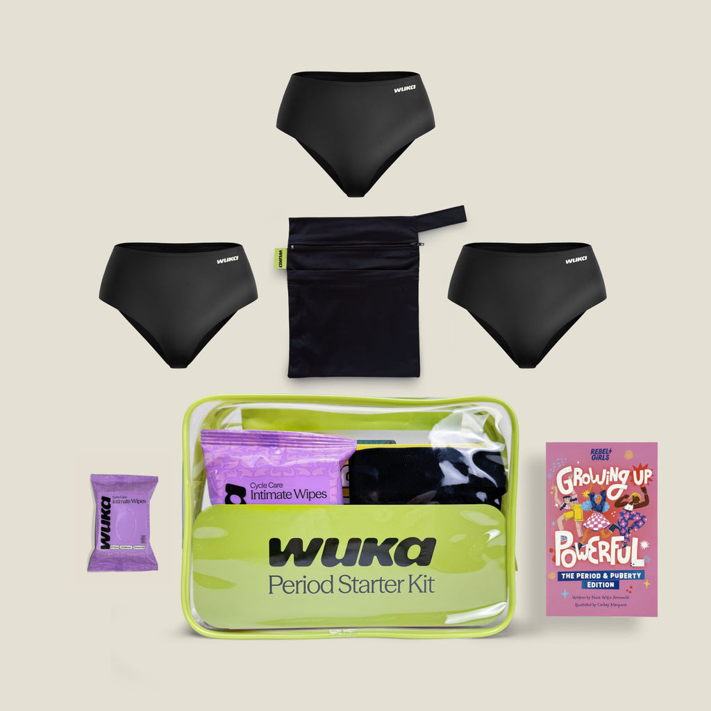 Teen period starter kit with 3 period pants, wet bag, wipes, and puberty education book by WUKA