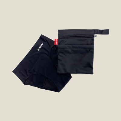 WUKA Two Pocket Changing Bag displayed alongside black seamless period pants, highlighting the practical pairing for hygienic and organised period management.