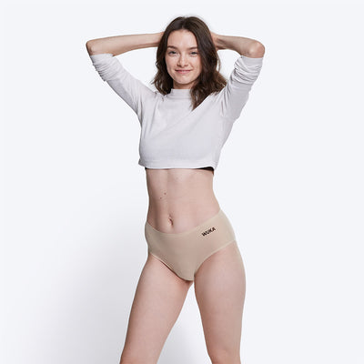 WUKA Stretch Seamless Midi Brief Period Pants Style Heavy Flow Light Nude Colour Full Front