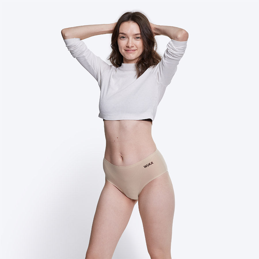 WUKA Stretch Seamless Midi Brief Period Pants Style Medium Flow Light Nude Colour Full Front