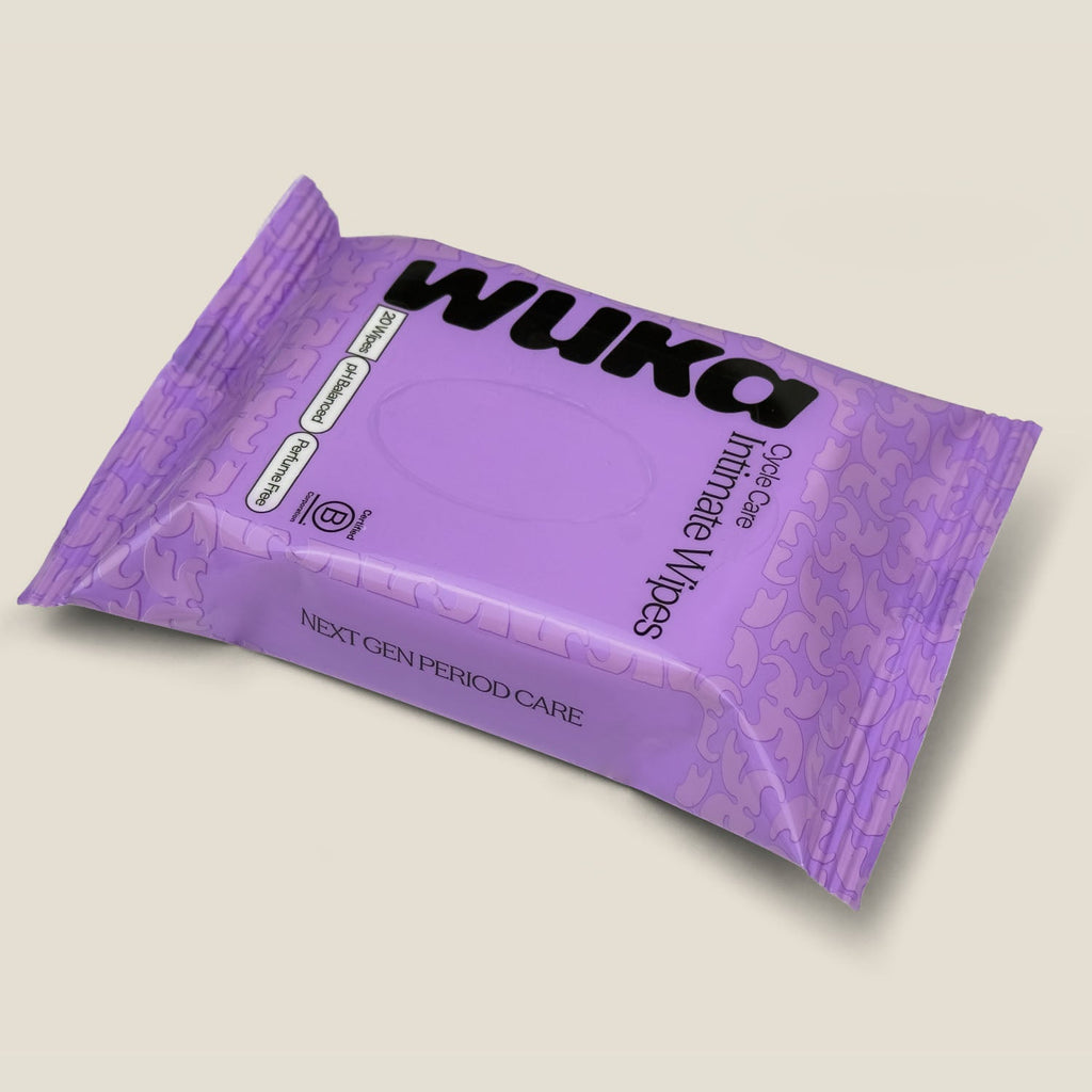 WUKA Cycle Care intimate wipes, purple pack, included in the Teen Boxer Starter Kit.