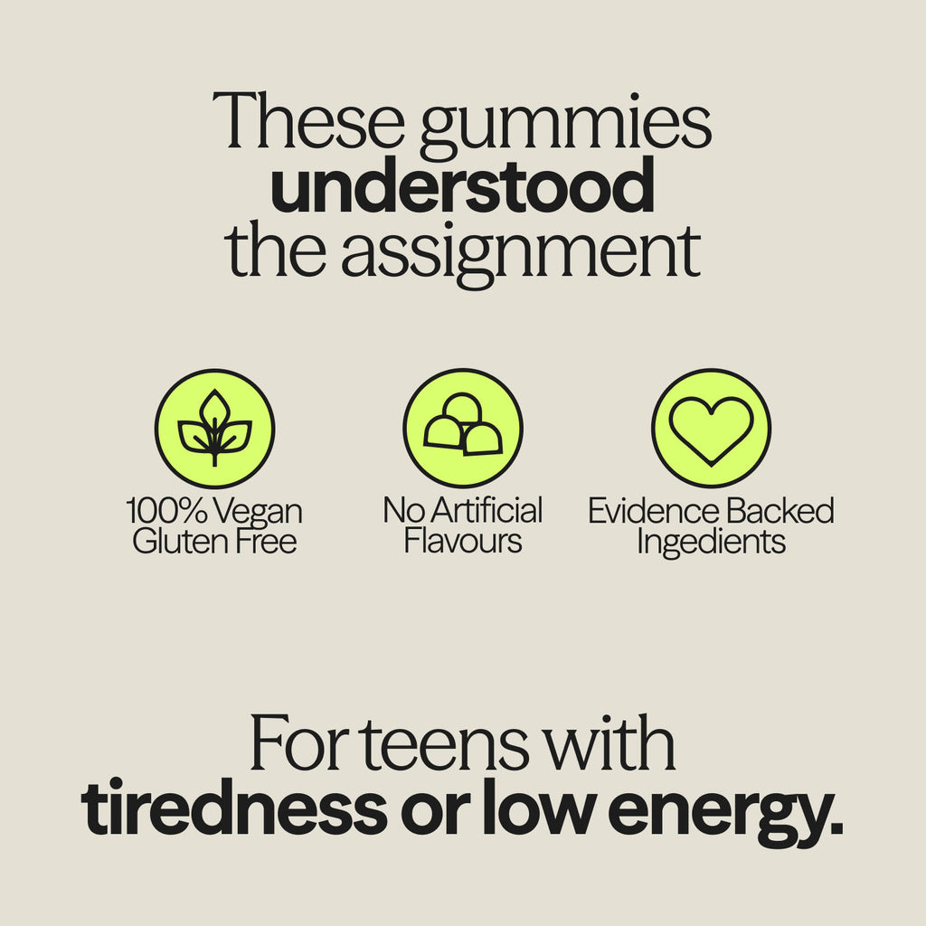WUKA Teen Iron Gummies graphic showing features: vegan, gluten-free, no artificial flavours, and tailored for teens with low energy.