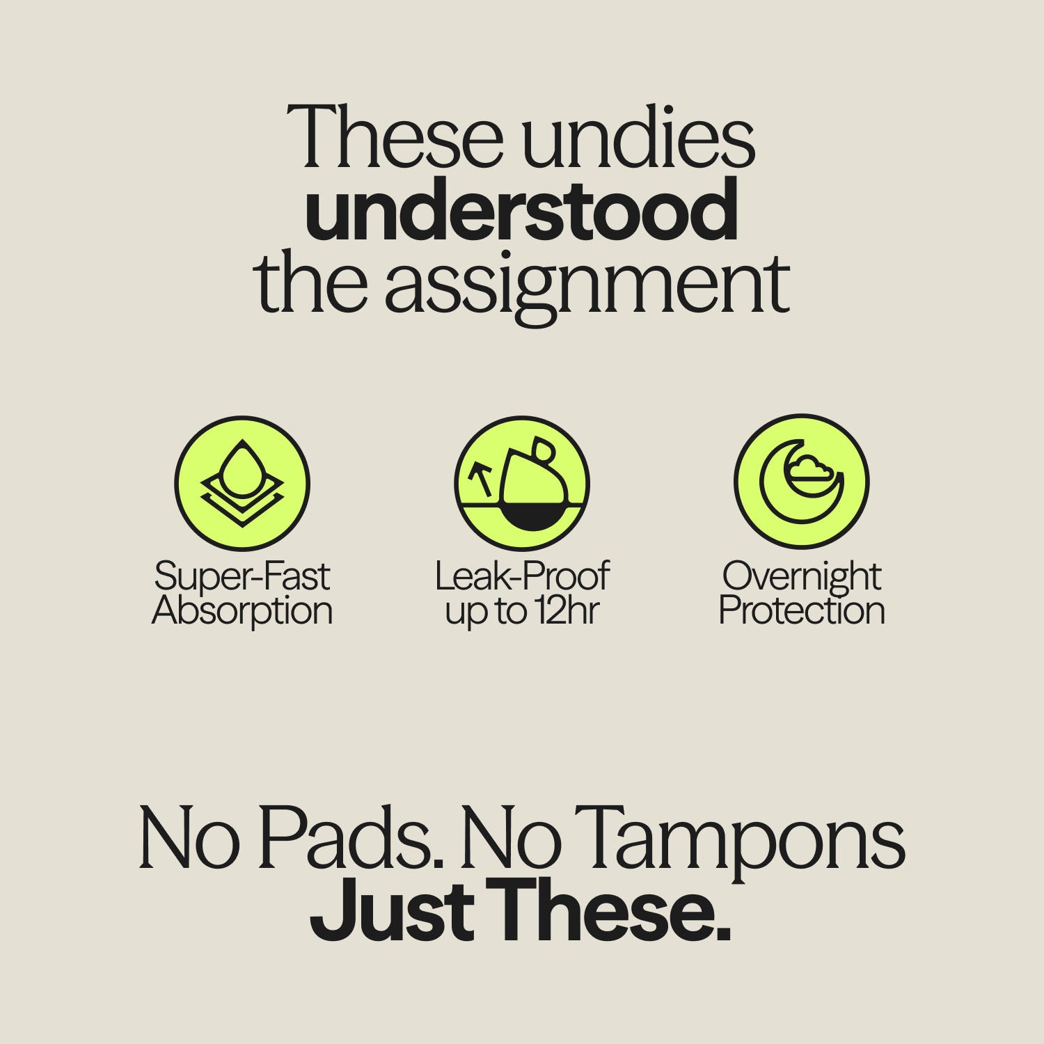 WUKA infographic highlighting features of Ultimate™ High Waist period pants: super-fast absorption, 12-hour leak-proof protection, and overnight wear for super heavy flow.