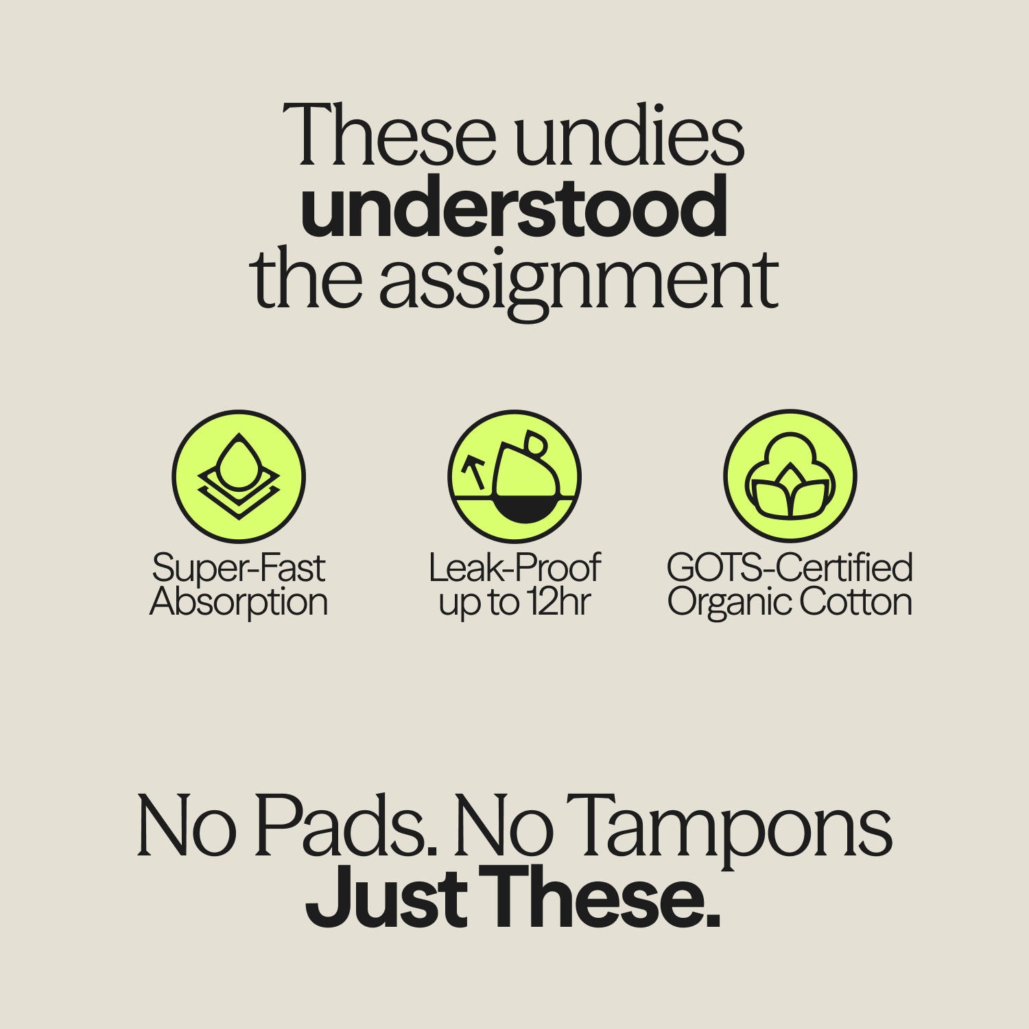 Product infographic highlighting features of WUKA Ultimate™ Lace High Waist - Heavy Flow: super-fast absorption, 12-hour leak protection, and GOTS-certified organic cotton.