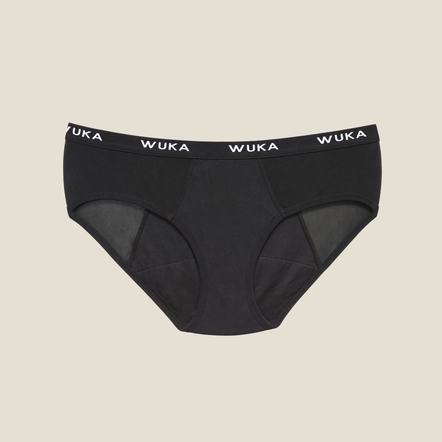 Flat-lay product image of WUKA Ultimate™ Midi Brief Super Heavy Flow underwear in black, highlighting contour design and reinforced gusset.
