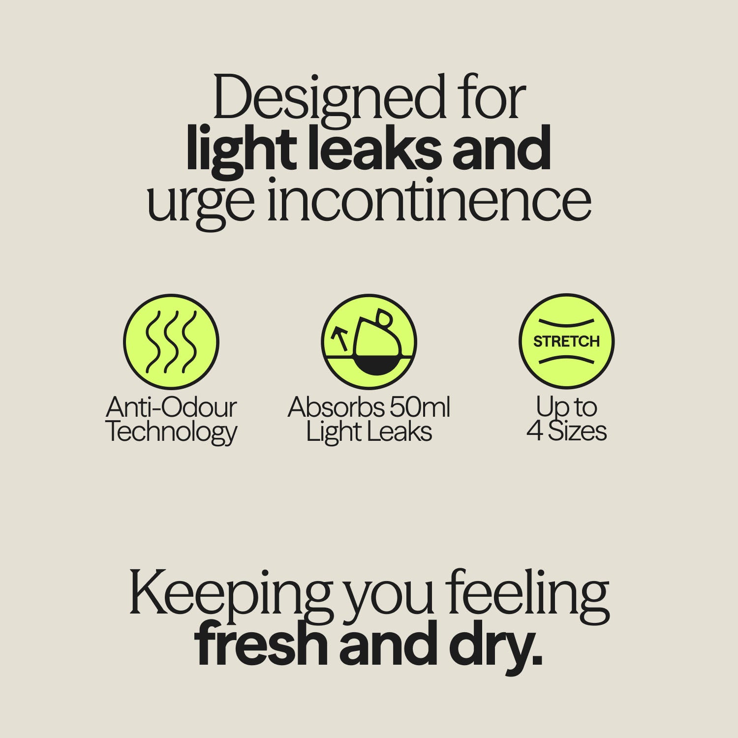 Graphic illustration highlighting key features of the Drytech™ Midi Brief: anti-odour technology, absorption up to 50ml, and multi-size stretch adaptability.