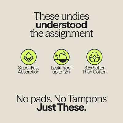 Infographic showcasing WUKA period underwear benefits: super-fast absorption, 12-hour leak protection, and softness 3.5x greater than cotton. Tagline reads: 'No pads. No Tampons. Just These.