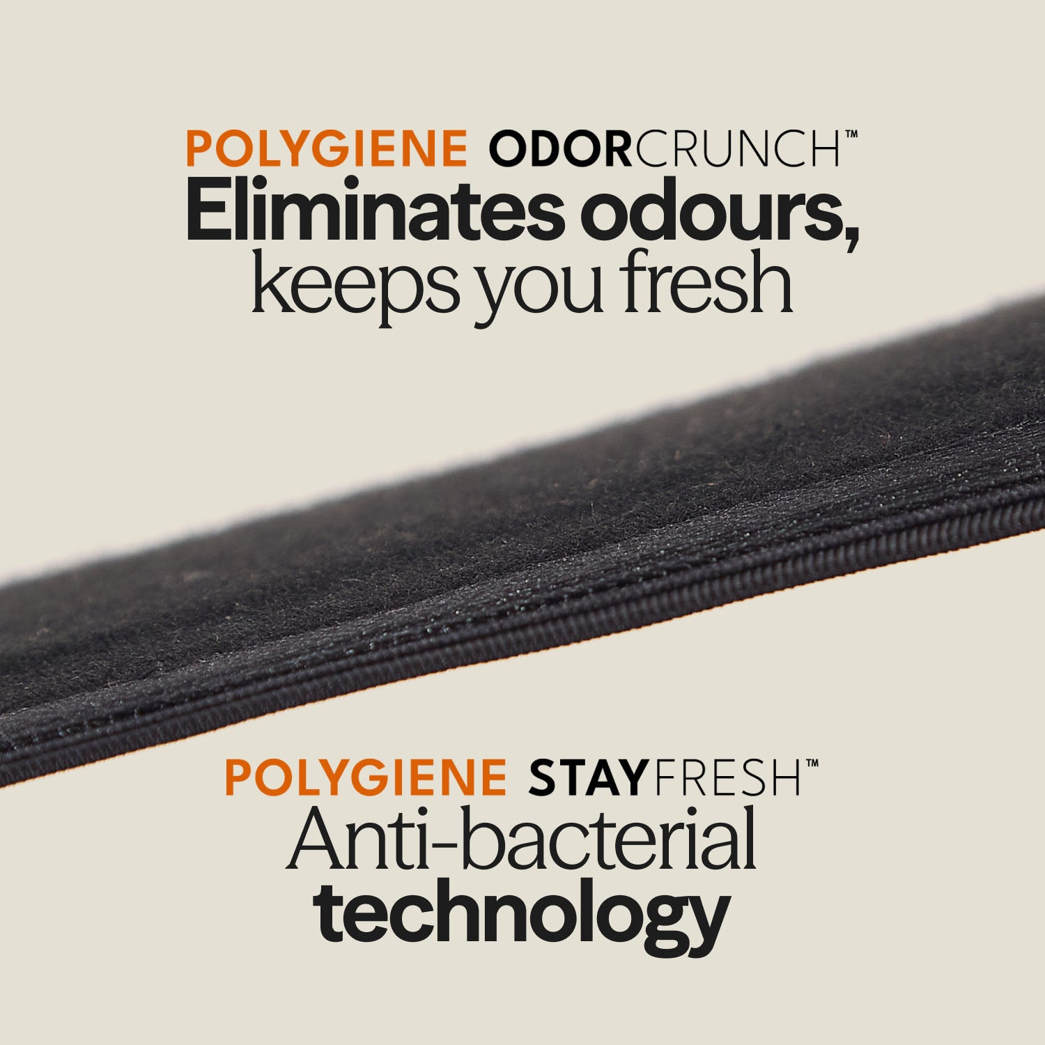 Close-up graphic showing Polygiene® OdorCrunch™ and StayFresh™ antibacterial technology used in Drytech™ briefs for freshness and hygiene.