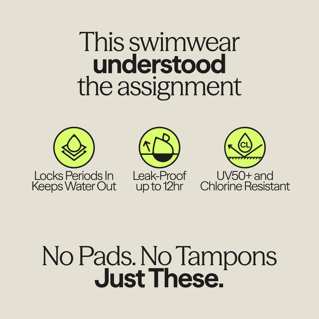 Informational graphic showing WUKA Swim High Waist features: 12-hour leak protection, chlorine resistance, and UV50+ fabric.