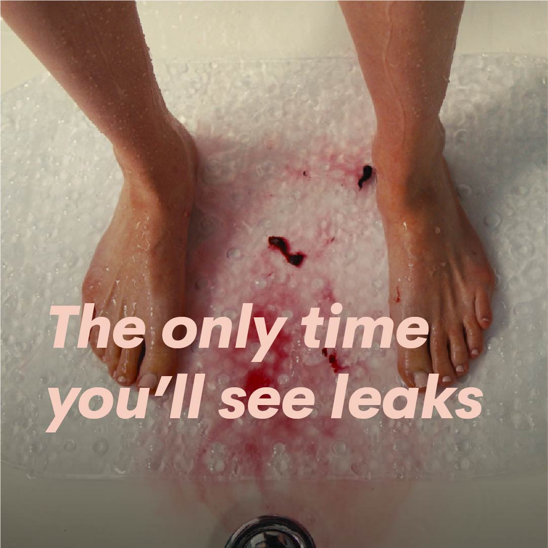 Image of woman in shower with blood trickling down her leg and blood clots. Text is 