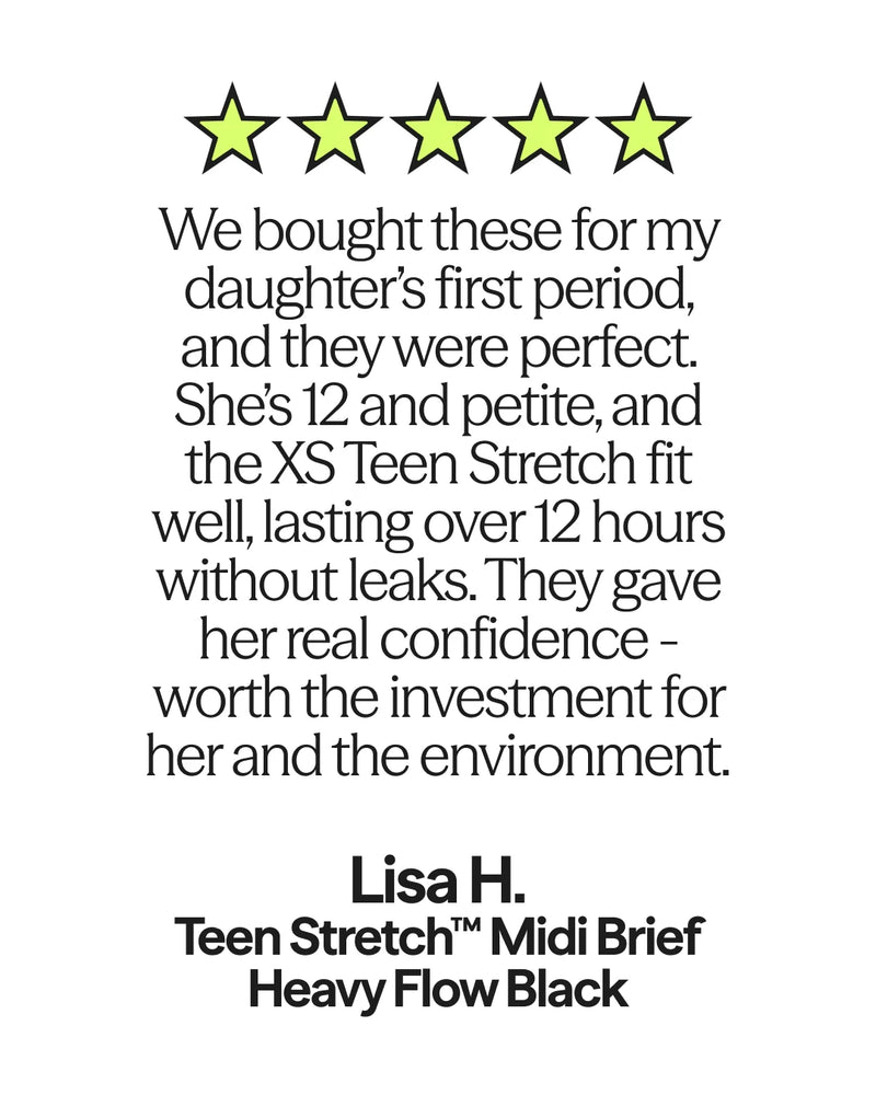 Product review for Teen Stretch Midi Brief Heavy Flow period pants with a five-star rating, positive feedback, and product name.