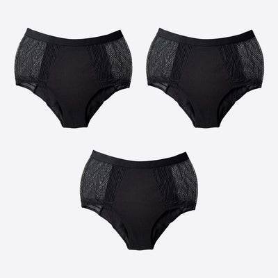 WUKA Ultimate Mesh Lace High Waist Style Heavy Flow Black Colour 3 Pack Cut-Out