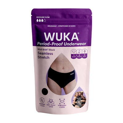 WUKA Stretch Seamless Midi Brief Period Pants Style Medium Flow Black Colour Packaging front