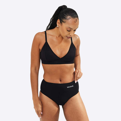 WUKA Period Stretch Midi Brief Style Super Heavy Absorbency Black Colour Three Quarter Front Size 1