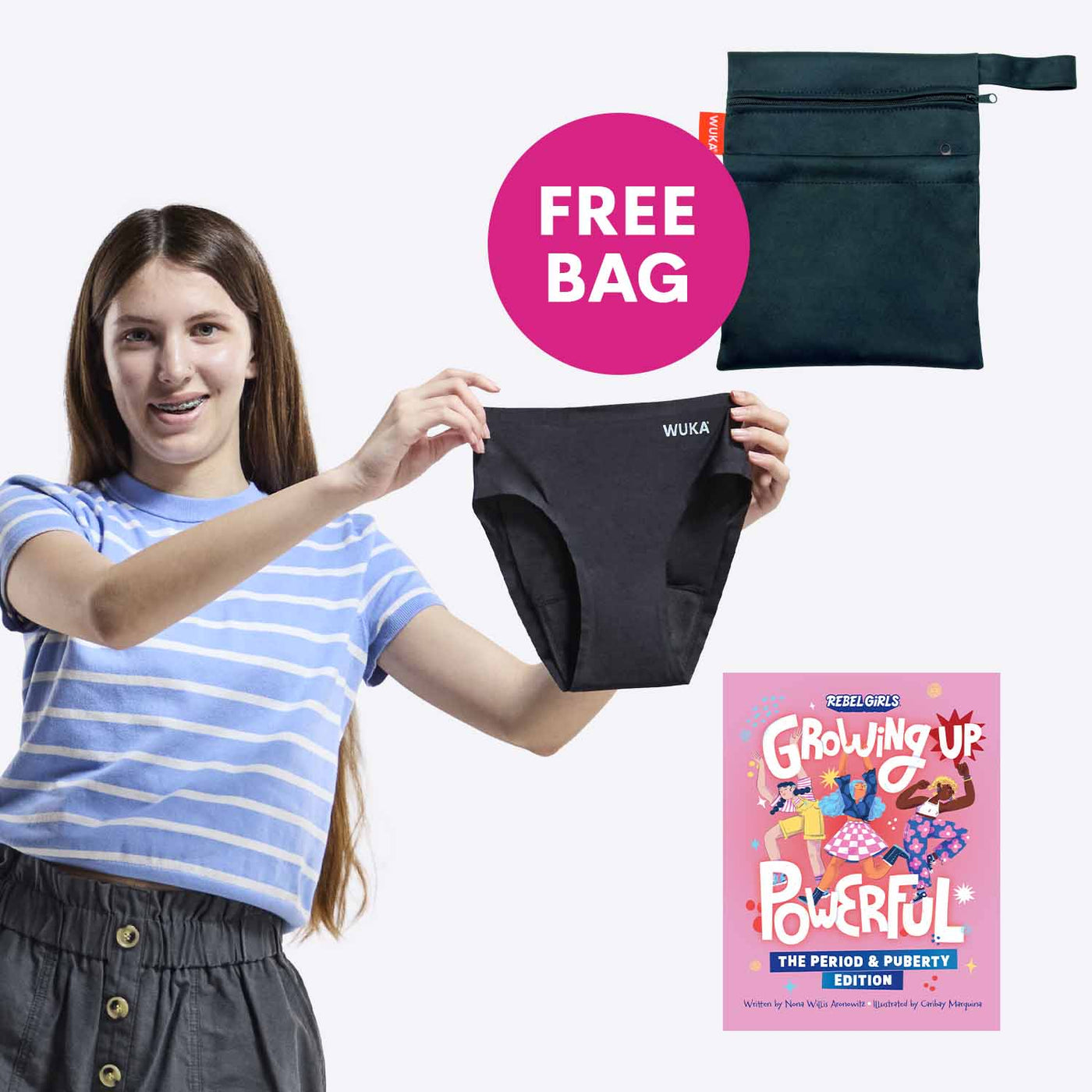 WUKA First Period Pack - Stretch Style - Super Heavy Absorbency - Black Colour - Pack Rebel Girls Growing Up Powerful