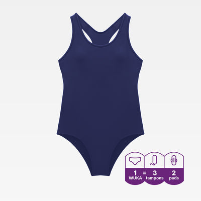 WUKA Period Racerback Swimsuit Style Light to Medium Absorbency Navy Blue Colour Front 3D Render Front