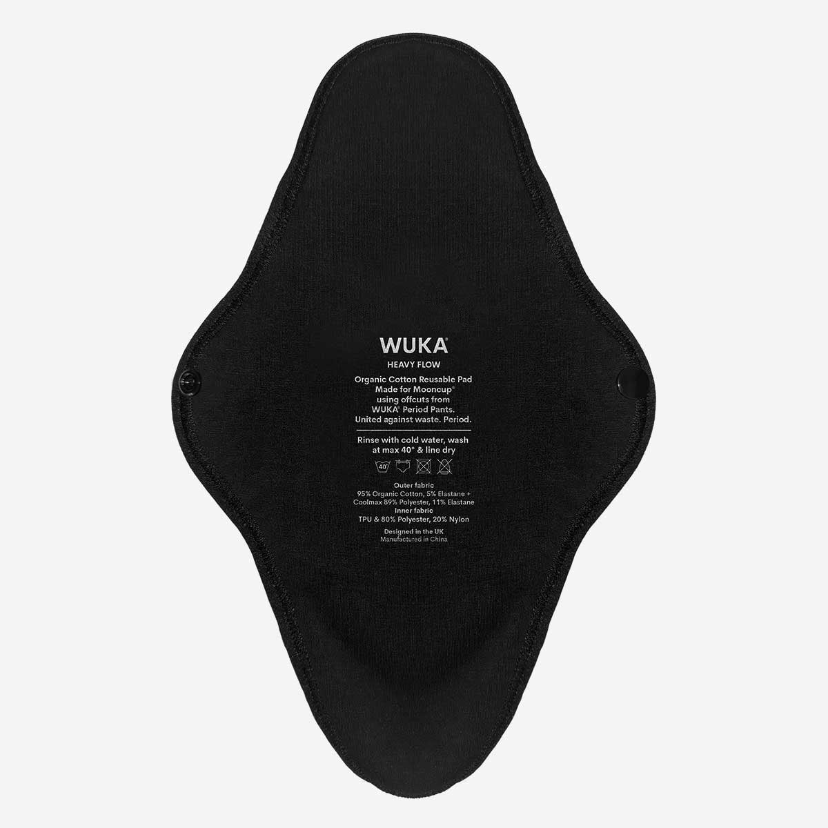 WUKA Reusable Period Pads 2 Pack Style Heavy Flow Black Colour Single