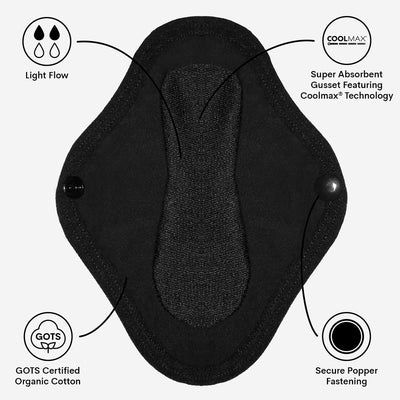 WUKA Reusable Panty Liners 3 Pack Style Light Flow Black Colour Features