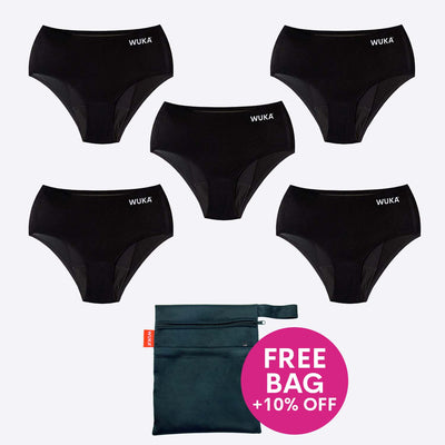 WUKA Teen Stretch Super Period Pants Bikini Brief Style Super Heavy Flow Black 5 Pack